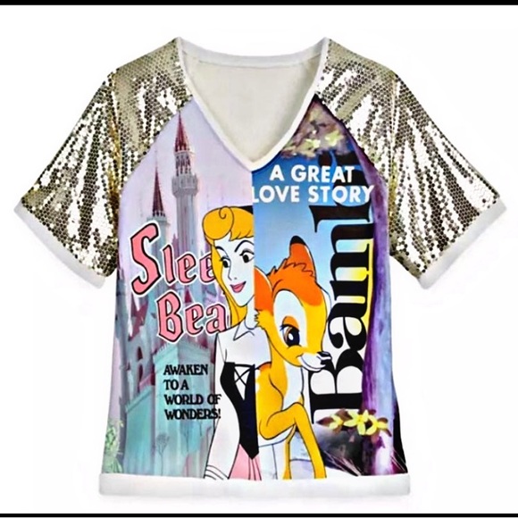 Disney Tops - DISNEY SLEEPING BEAUTY BAMBI SEQUIN SLEEVE WOMEN’S TOP Sz L
